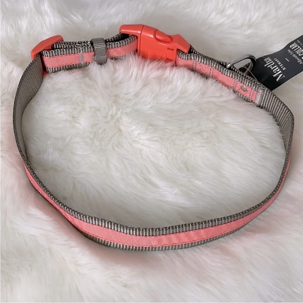 NWT Martha Stewart Adjustable Nylon Dog Collar Coral / Gray Various Sizes